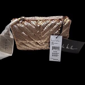 Nicole Miller Gold Sequin With Chain Strap Crossbody Handbag Clutch Purse NWT
